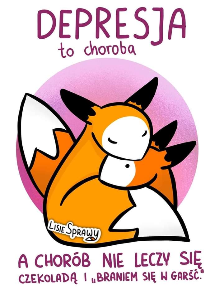Plakat przedstawia tulące się liski z hasłem Depresja to choroba a chorób nie leczy się czekoladą