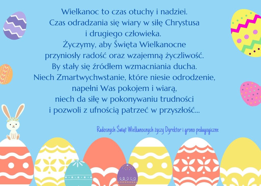 Kartka wielkanocna, życzenia ozdobione kolorowymi pisankami na niebieskim tle