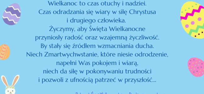 życzenia świąteczne na niebieskim tle, ozdobione kolorowymi pisankami i króliczkiem